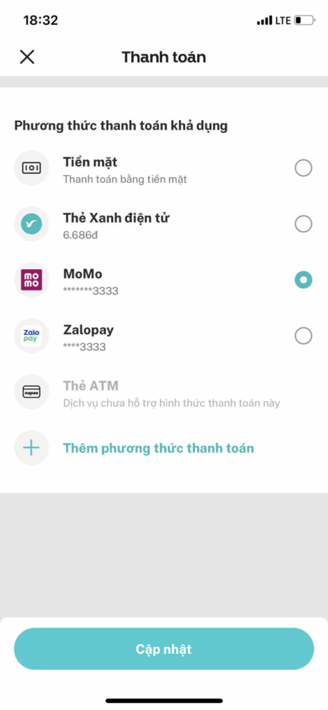 Bấm vào “tiền mặt” để thay đổi phương thức thanh toán (Nguồn: Sưu tầm)