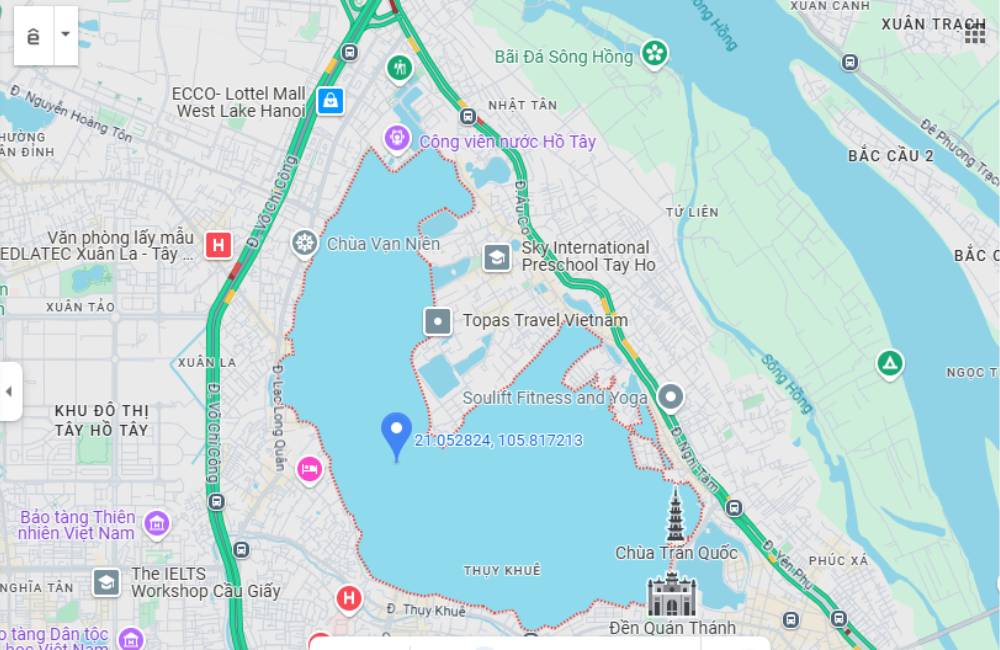 Vị trí của Hồ Tây trên bản đồ. (Ảnh: Google Maps)