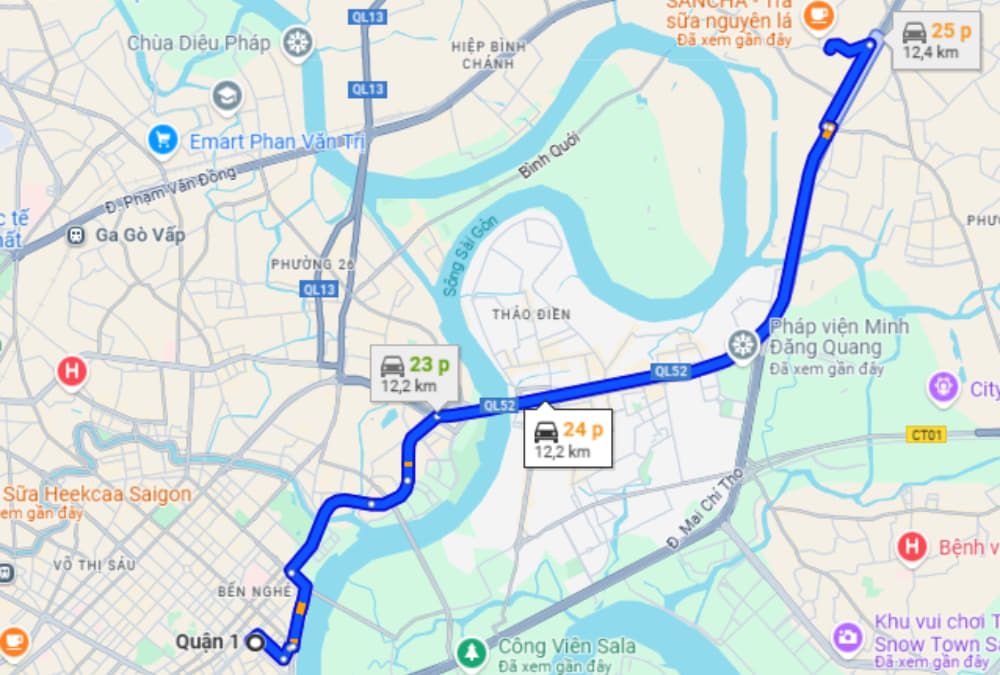 Đoạn đường từ Quận 1 đến chùa Sùng Đức là 12km với 25 phút lái ô tô. (Ảnh: Sưu tầm Internet)