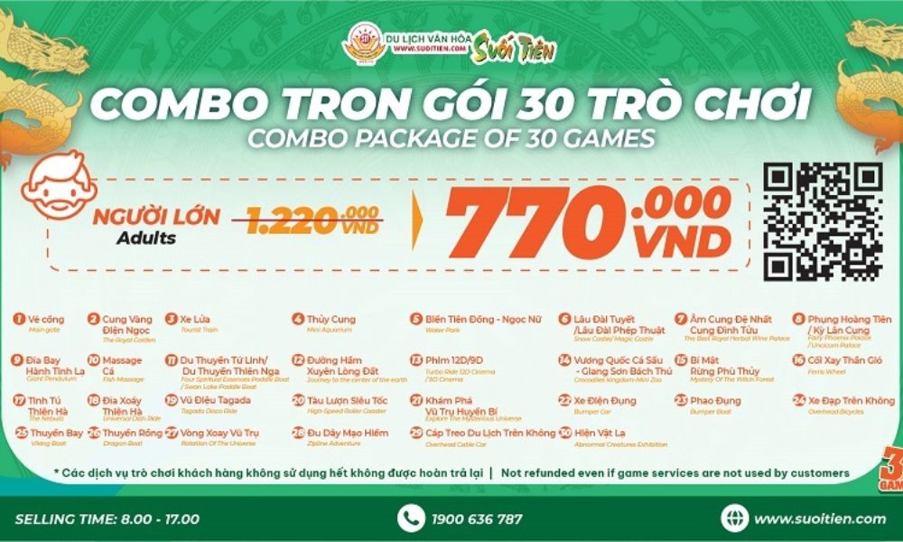 Combo trọn gói 30 trò chơi tại Suối Tiên  (Ảnh: Suối Tiên)