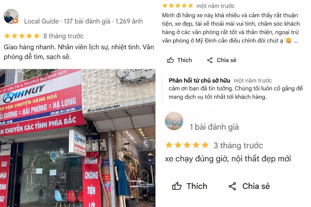 Những đánh giá tích cực của khách hàng về nhà xe Anh Huy Đất Cảng trên Google Maps