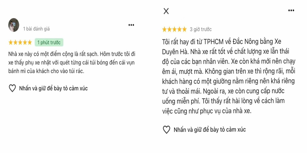 Những đánh giá tích cực của khách hàng về nhà xe trên Google Maps