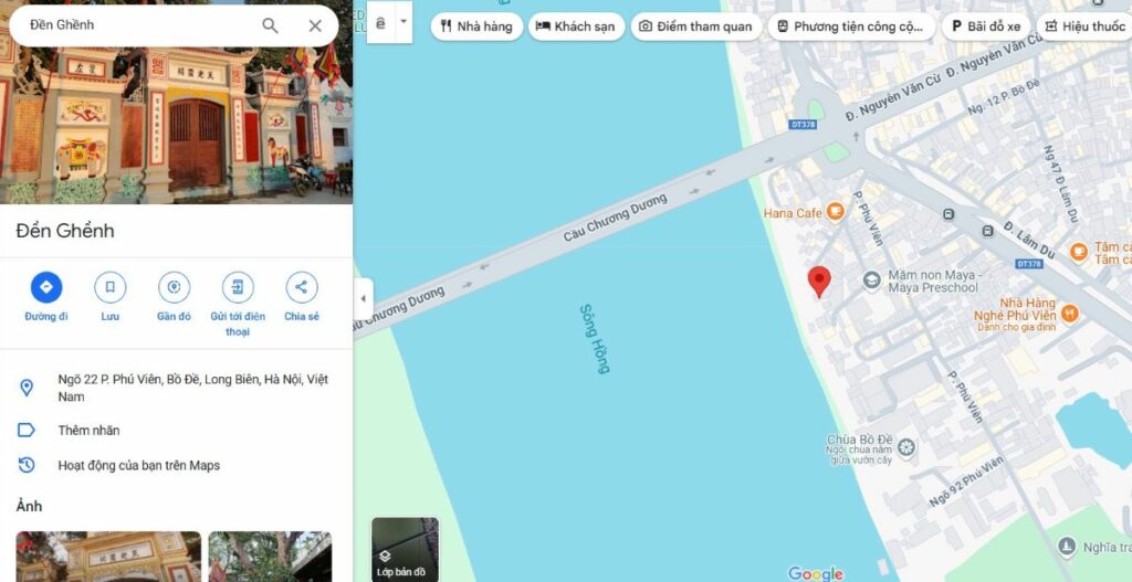 Địa chỉ Đền Ghềnh nằm bên bờ sông Hồng, thuộc địa phận quận Long Biên (Ảnh: Google Maps)