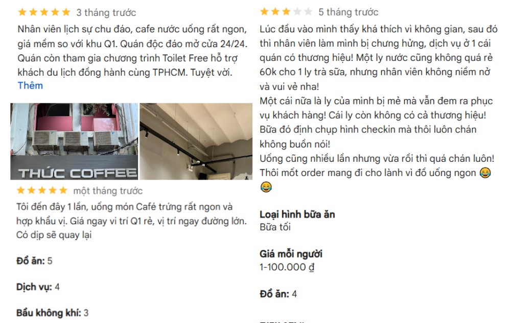 Một số đánh giá tích cực của khách hàng tại Thức coffee