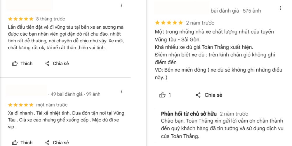 Những đánh giá tích cực của khách hàng về nhà xe trên Google Maps.