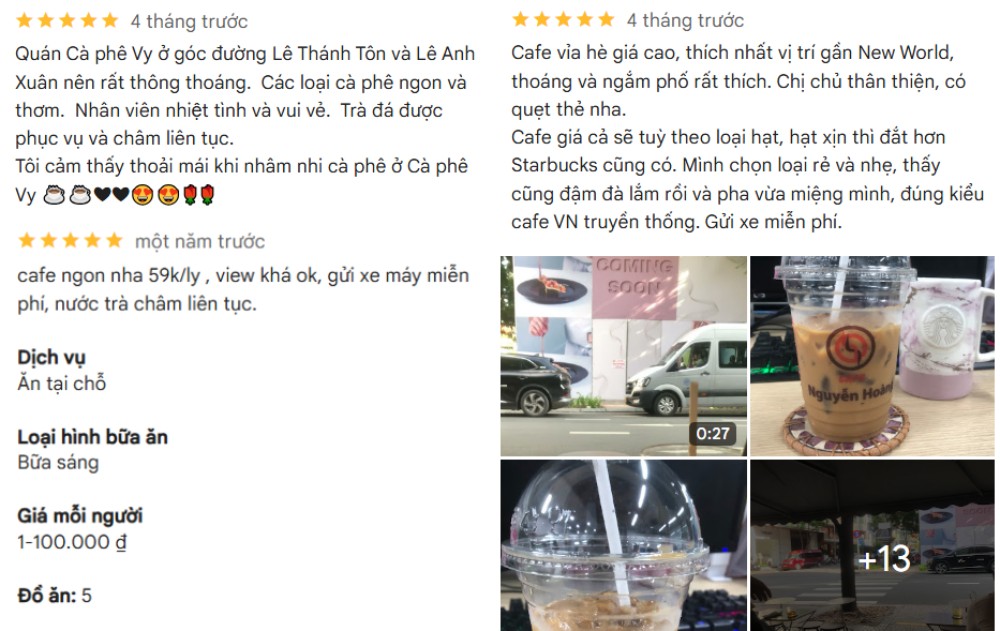 Các đánh giá từ khách hàng từng ghé Cafe Vy