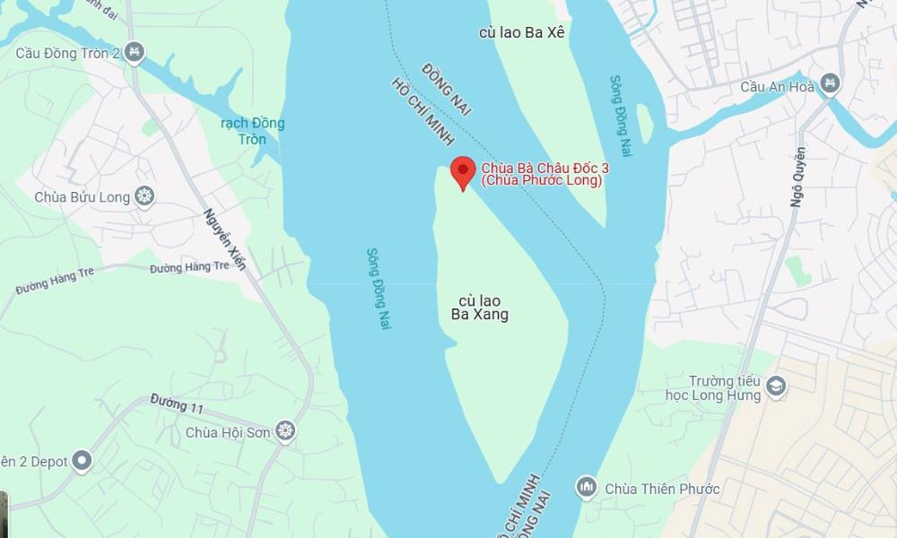 Chùa Châu Đốc 3 nằm trên cù lao Ba Xang giữa lòng sông Đồng Nai (Ảnh: Google Maps) 