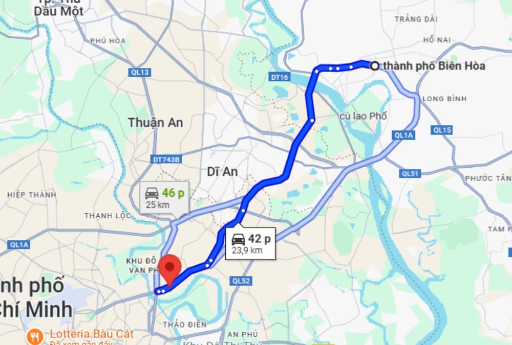 Thành phố Biên Hòa cách Gigamall 24km (Ảnh: Google Maps)