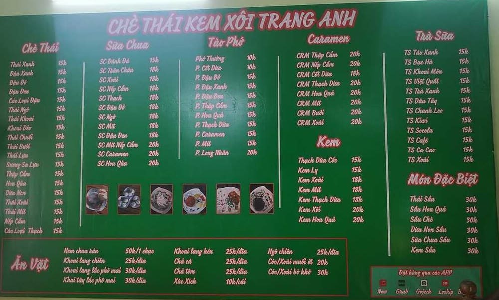 Menu quán Chè Thái Kem Xôi đa dạng, giá cả phải chăng