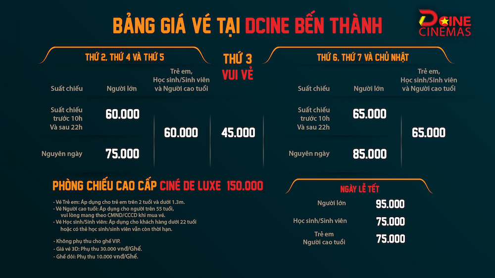 Bảng giá chi tiết của rạp chiếu phim DCINE Bến Thành.