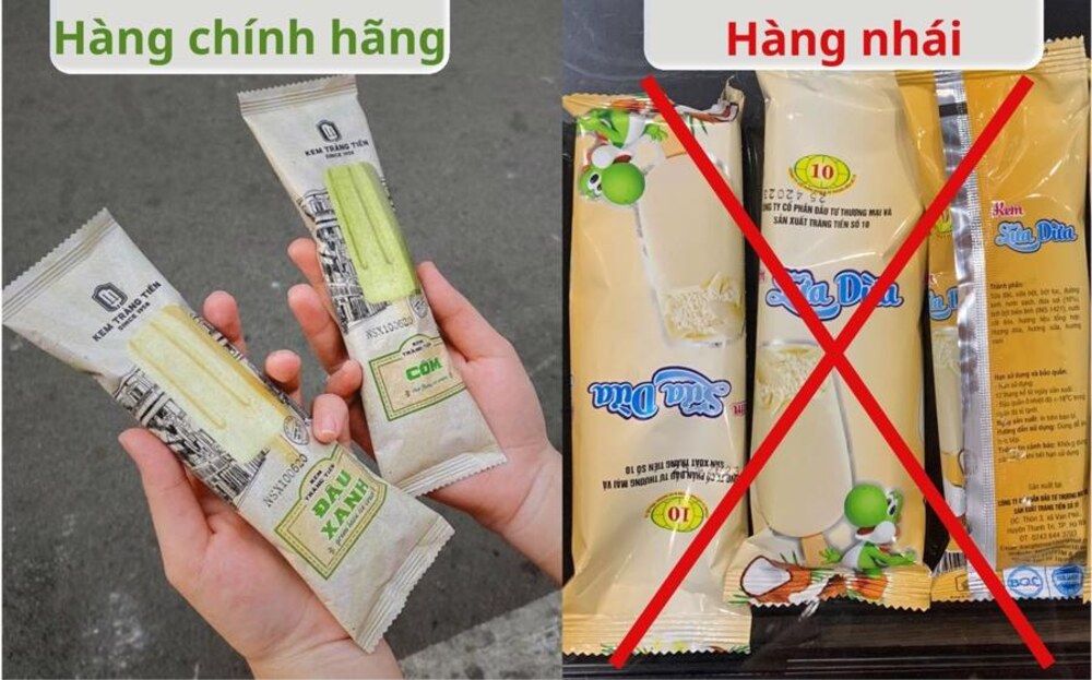 So sánh kem Tràng Tiền thật và giả, nhấn mạnh vào sự khác biệt về bao bì, chất lượng kem. (Ảnh: Sưu tầm internet)