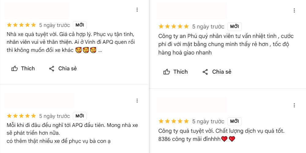 Những phản hồi tích cực về nhà xe trên Google Maps. 