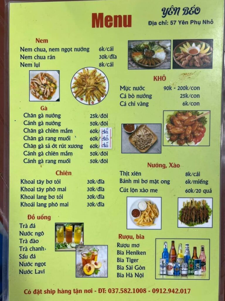 Menu quán nướng Yên Béo (Ảnh: Sưu tầm Internet)