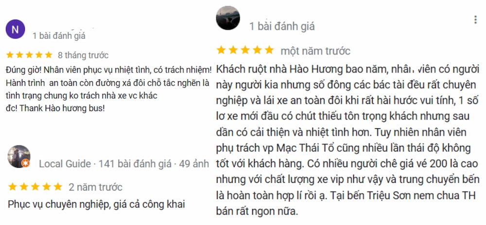 Những đánh giá tích cực của khách hàng tới nhà xe Hào Hương.