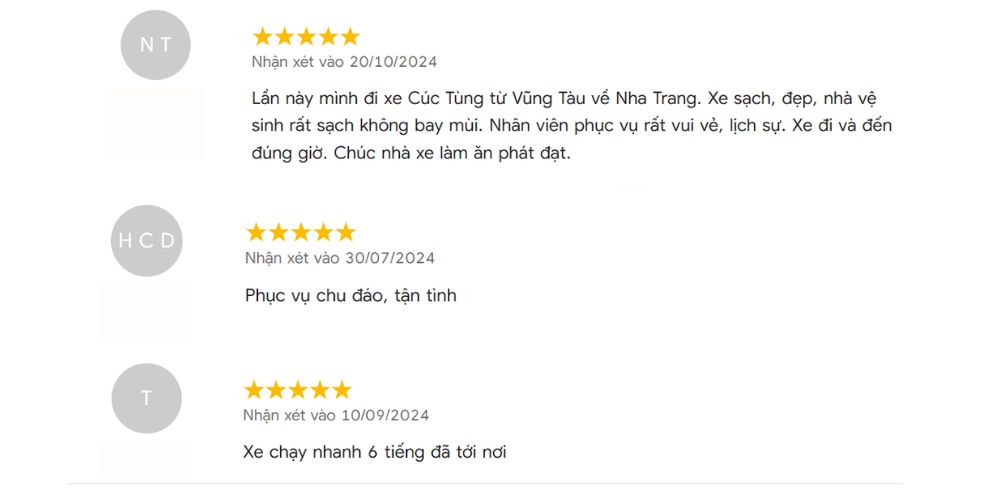 Nhà xe Cúc Tùng nhận được nhiều lời đánh giá tích cực từ khách hàng. 