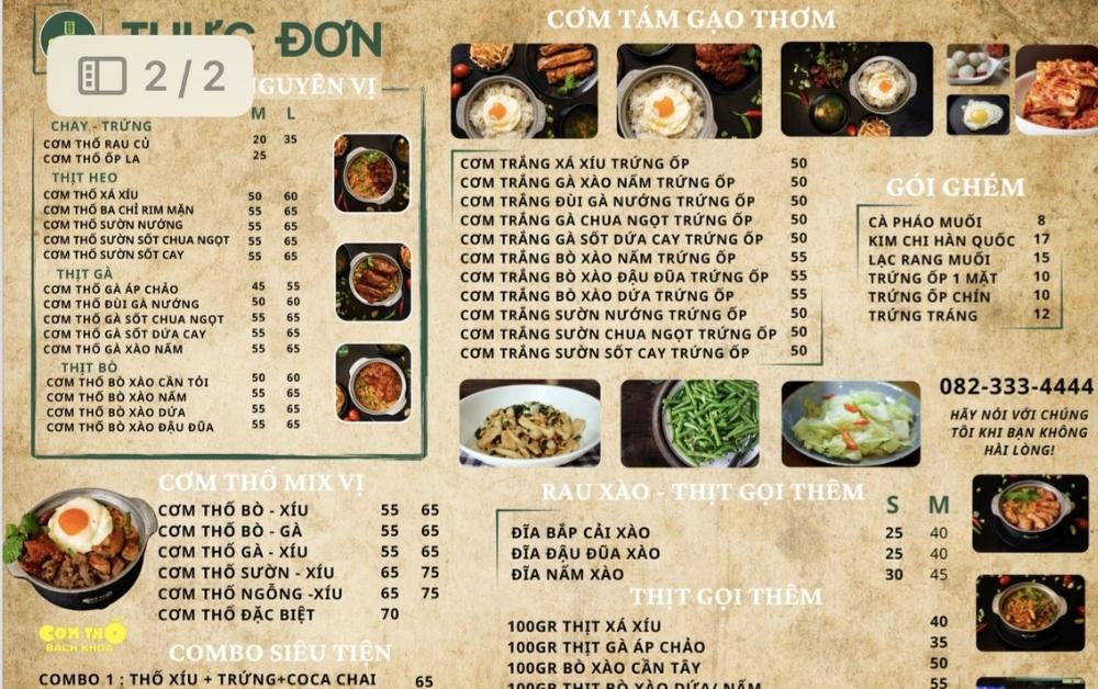 Menu của quán Cơm Thố Bách Khoa 