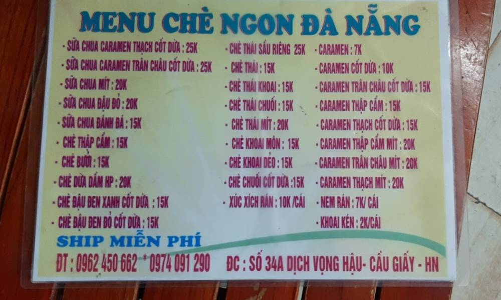 Menu tại quán Chè Đà Nẵng 