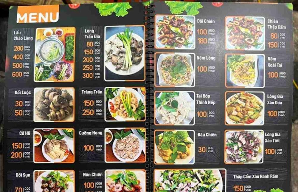 Menu quán Lòng Chần Tô Hiệu với đa dạng các lòng chất lượng