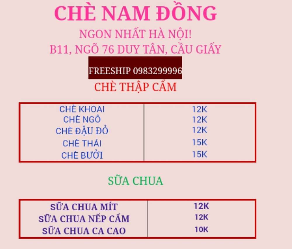 Menu tại quán Chè Sài Gòn Mai Phương, Cầu Giấy