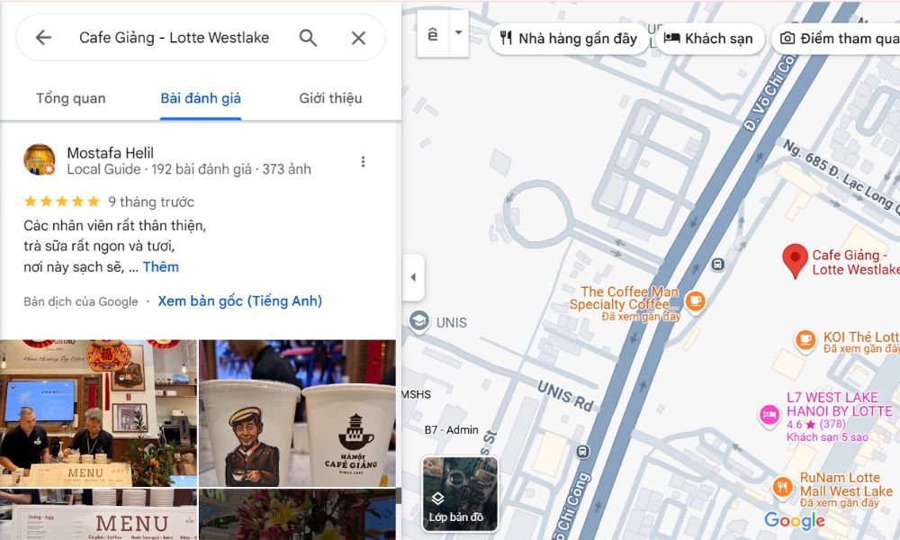 Đánh giá của khách nước ngoài về quán Cafe Giảng tại Lotte Tây Hồ.