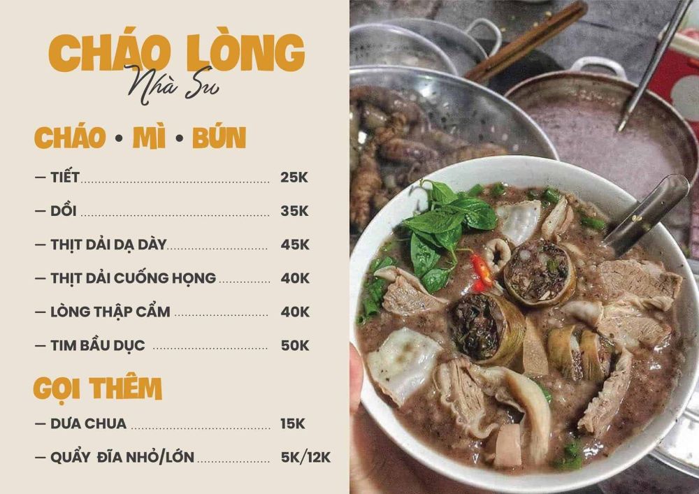 Menu Cháo lòng nhà Su - giá cả bình dân hợp lý