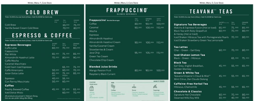 Menu đồ uống Starbucks.