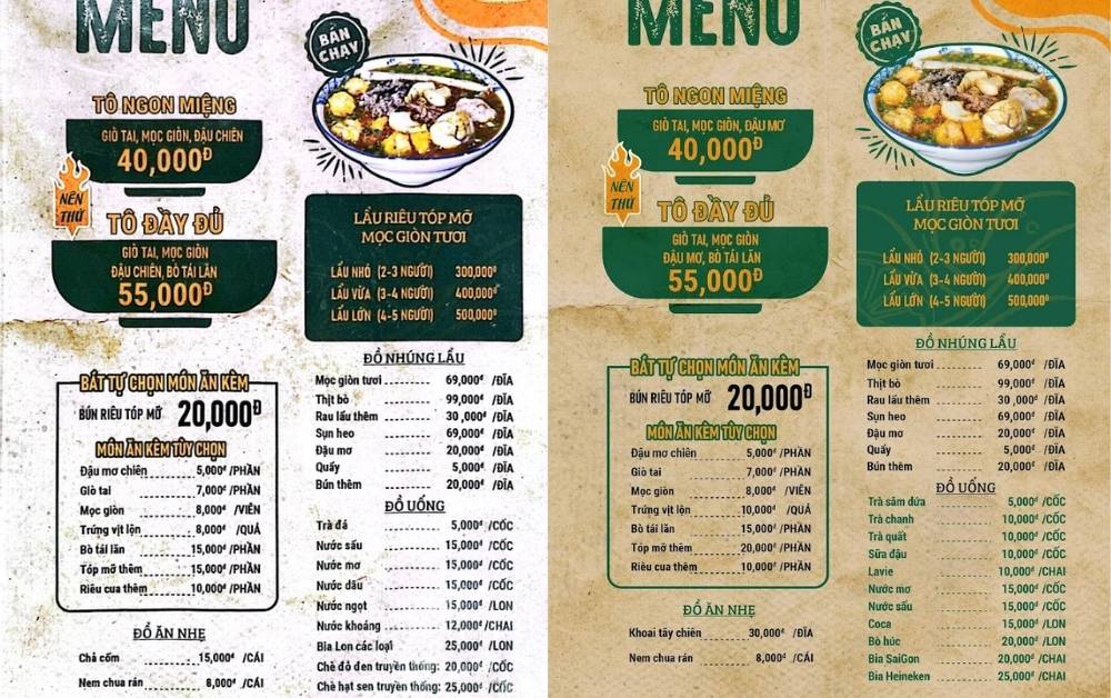 Menu của quán Bún riêu tóp mỡ mọc giòn cô Hương Béo