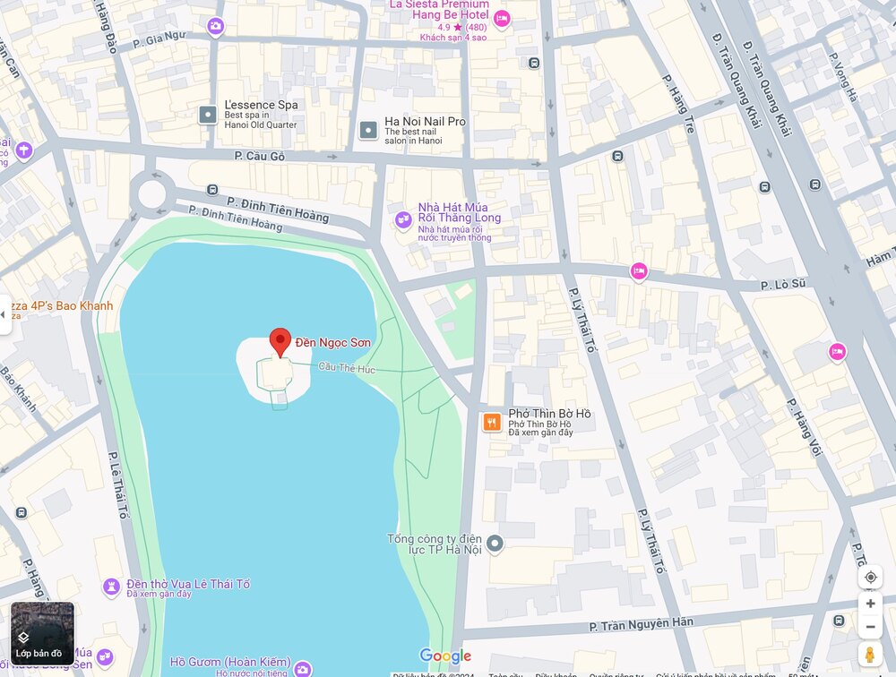 Bản đồ Google Maps với vị trí Đền Ngọc Sơn được đánh dấu rõ ràng (Ảnh: Nguồn Google Map)