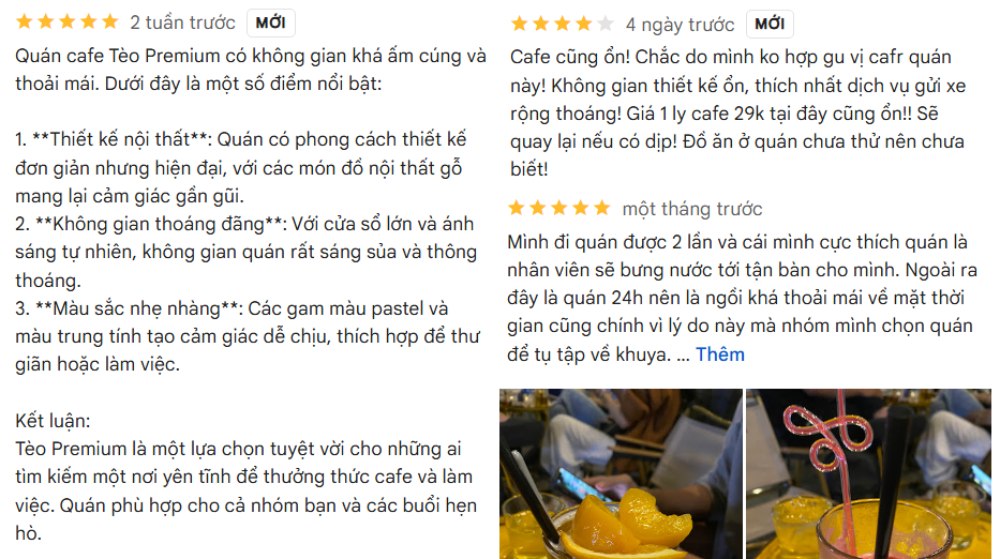 Các đánh giá tại quán Cafe Tèo premium