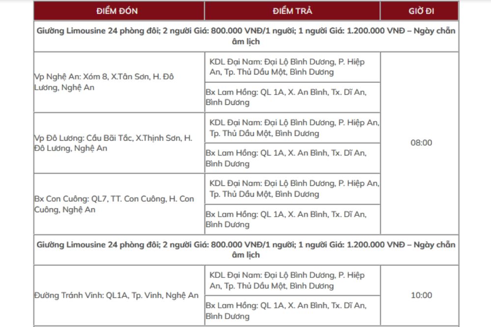 Giá vé tham khảo của nhà xe Lộc Thủy (Ảnh: Nhà xe Lộc Thủy)