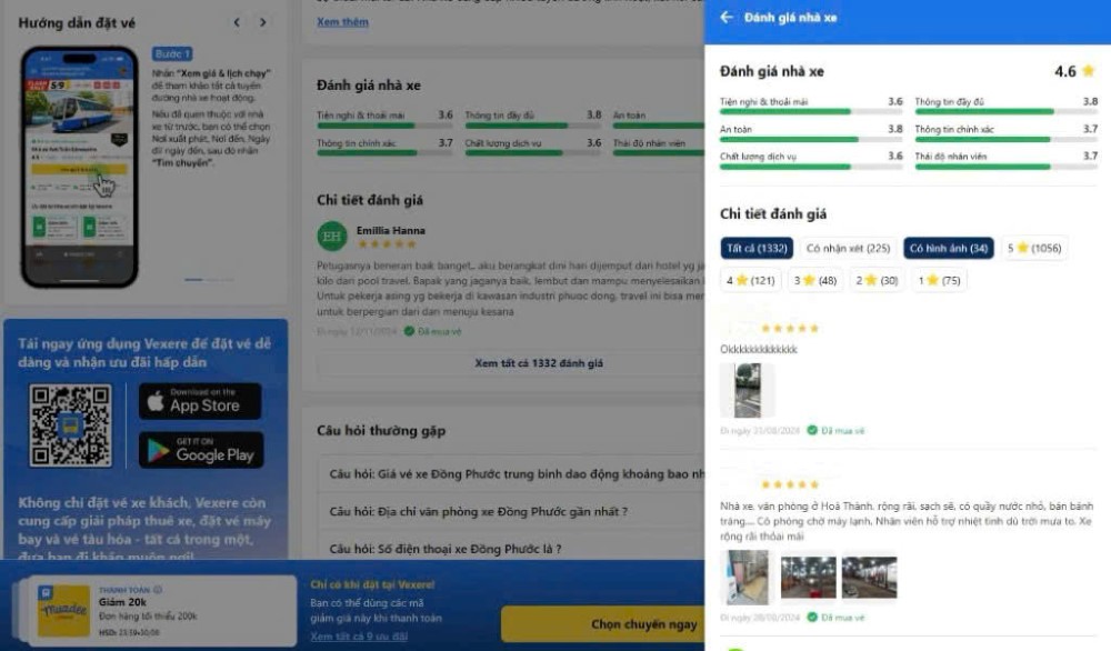 Một số đánh giá nhà xe Đồng Phước trên Vexere