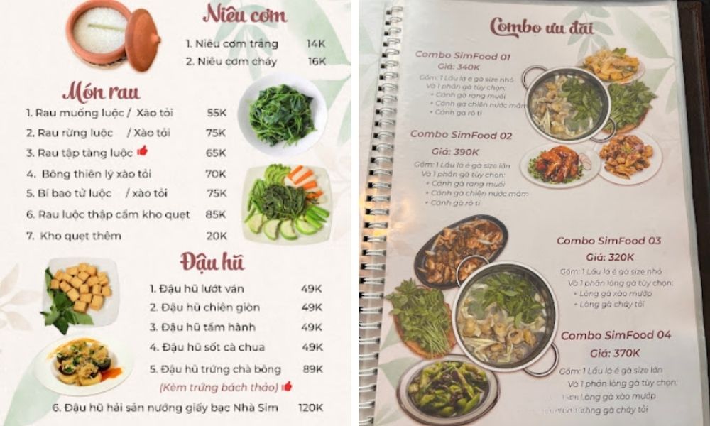 Menu đa dạng món ngon tại cơm niêu Nhà Sim