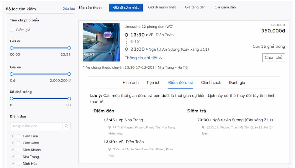 Xem chi tiết điểm đón trả trực tiếp khi chọn đặt vé qua website (Ảnh: Nhà xe Liên Hưng)