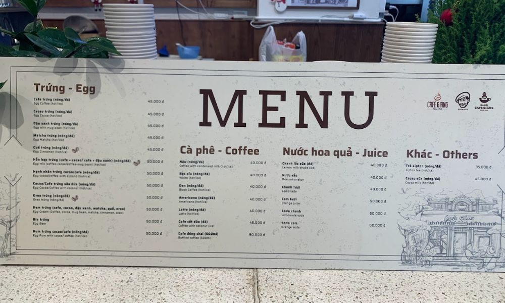 Menu đồ uống của Cafe Giảng.