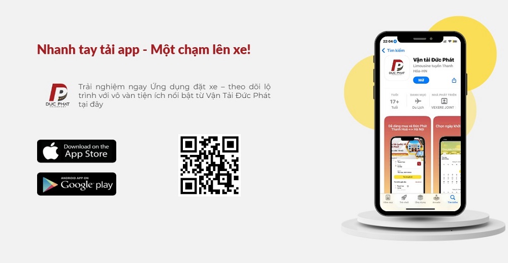 Tải ứng dụng Vận tải Đức Phát trên App Store và Google Play để đặt vé xe nhanh chóng (Ảnh: vantaiducphat.vn)