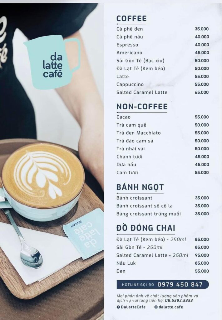 Tham khảo menu đồ uống của Da Latte Cafe (Ảnh: Da Latte Cafe) 