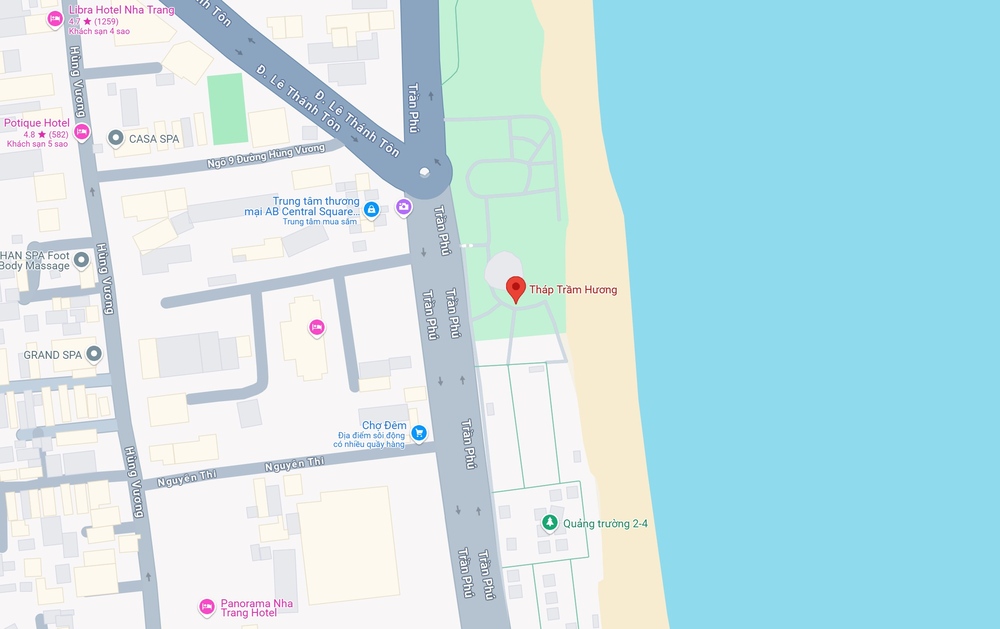 Vị trí Tháp Trầm Hương ngay trung tâm thành phố Nha Trang. (Ảnh: Nguồn Google Map)