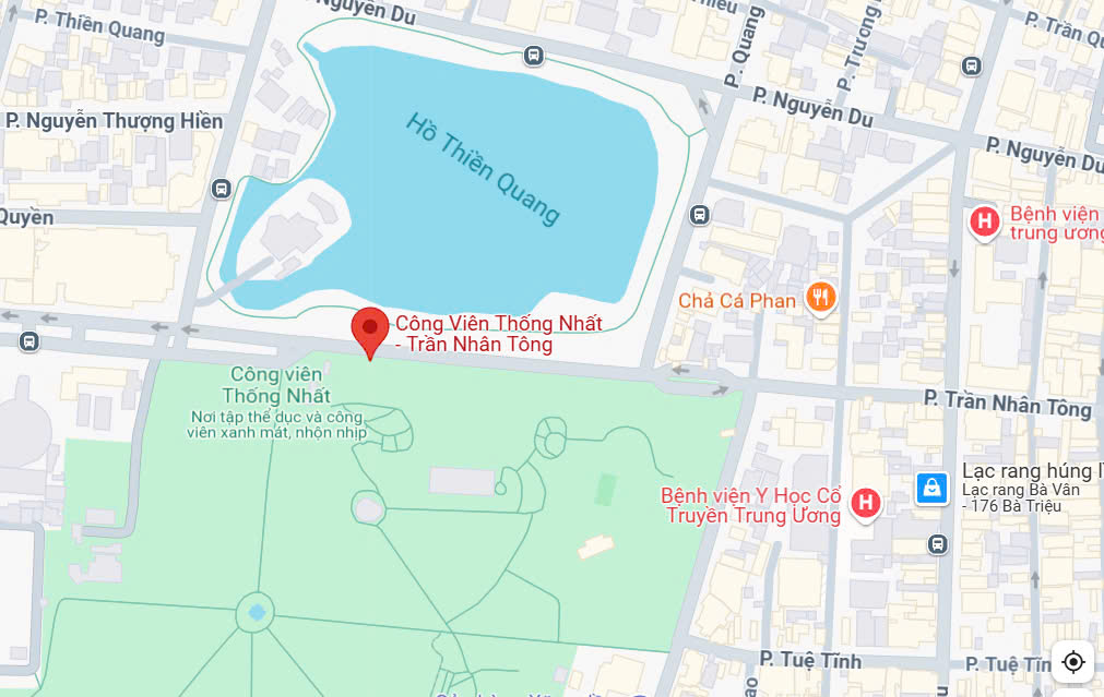 Cổng chính công viên Thống Nhất nằm trên phố Trần Nhân Tông, quận Hai Bà Trưng (Ảnh: Google maps)