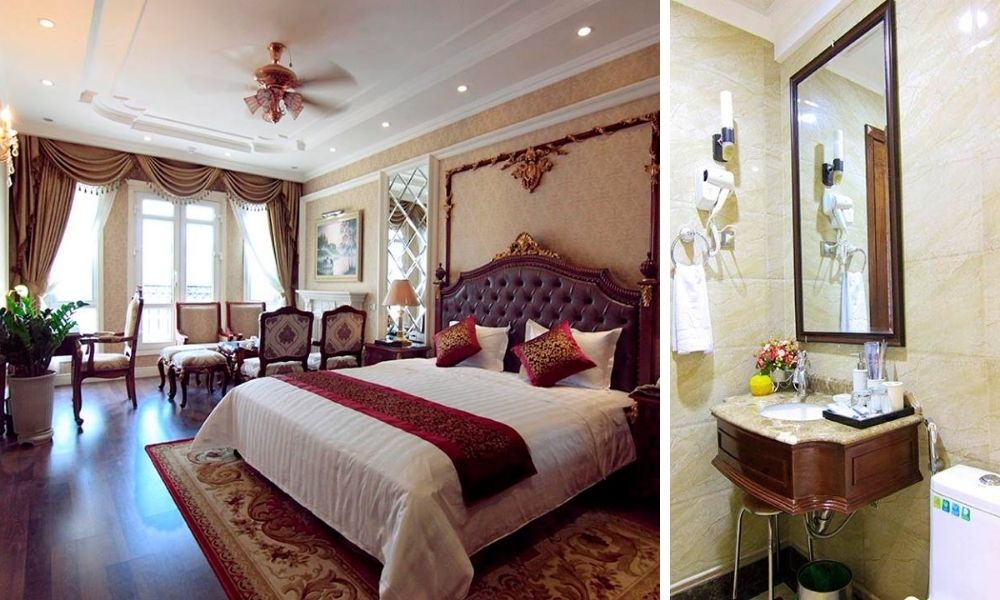 Phòng tại Violin Hotel có không gian rộng lớn và nội thất gỗ cao cấp