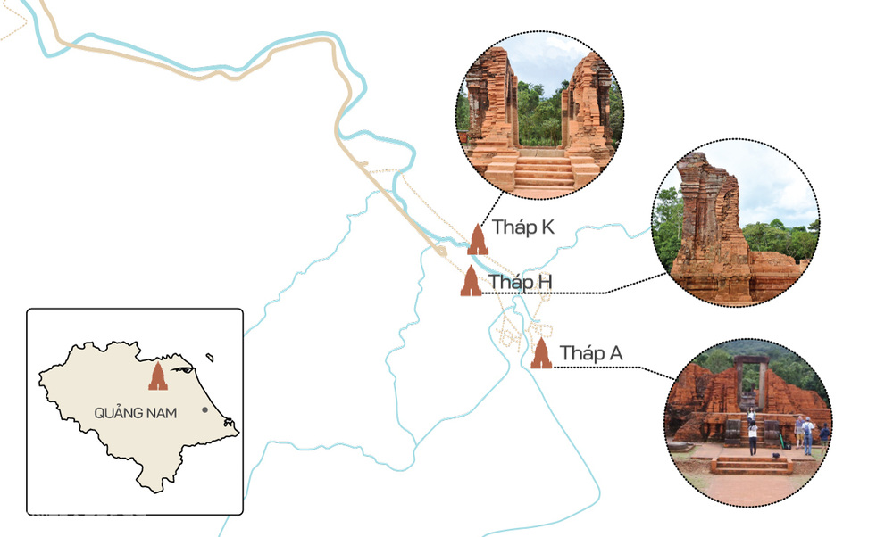Các cụm tháp chính của thánh địa Mỹ Sơn (Ảnh: Đồ họa: Tiến Thành)