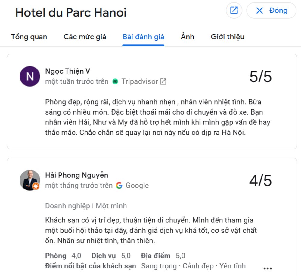 Đánh giá về khách sạn Hôtel du Parc Hanoï (Ảnh: Googel Maps)