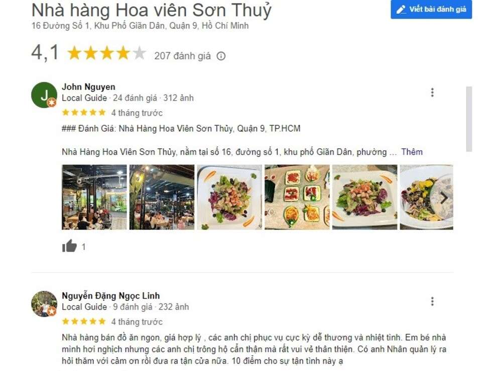 Nhiều đánh giá tích cực dành cho Hoa viên Sơn Thủy (Ảnh: Google Maps)