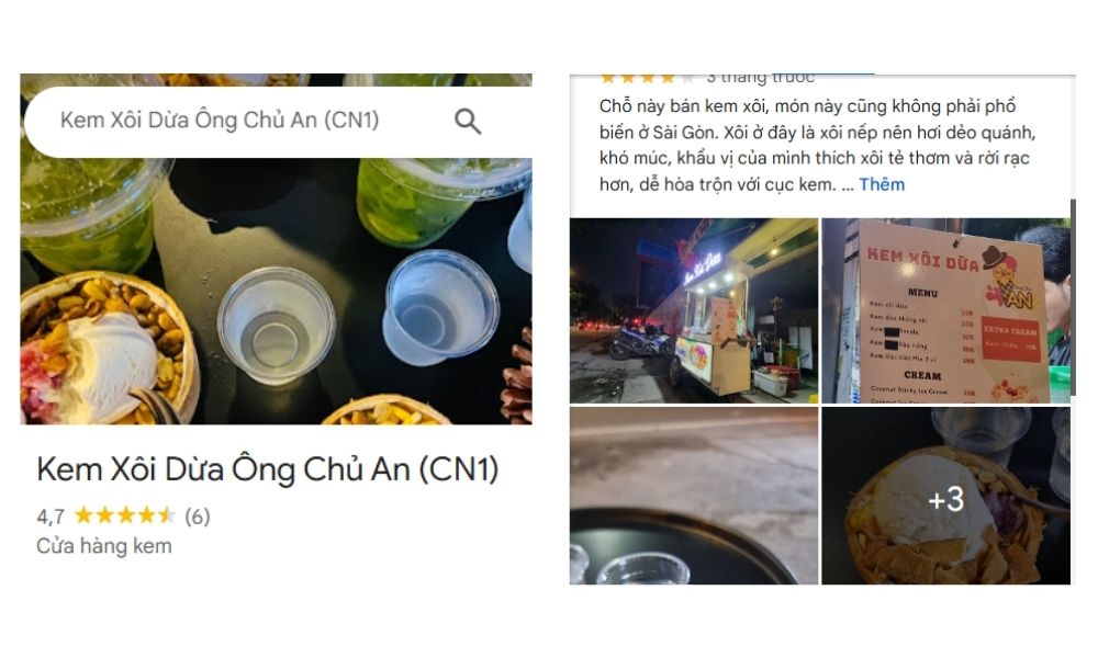 Nhận xét tích cực từ khách hàng về Kem xôi dừa Ông Chủ An (CN1) (Ảnh: Google Maps)