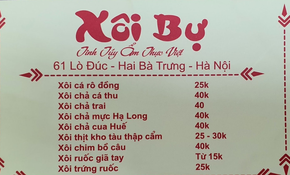 Menu quán Xôi Bự, quận Hai bà Trưng (Ảnh: Sưu tầm Internet)