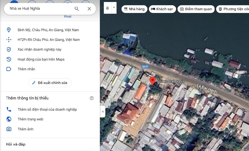 Vị trí nhà xe Huệ Nghĩa tại Bình Mỹ, Châu Phú, An Giang (Ảnh: Google Maps)