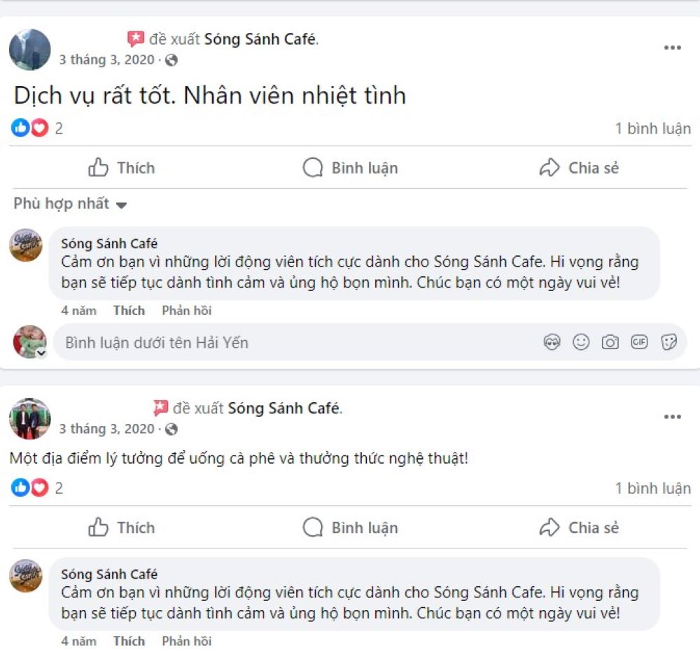 Đánh giá từ người dùng trên Fanpage Sóng Sánh Café 