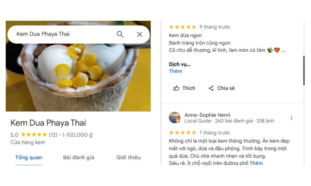 Đánh giá tích cực của khách hàng về Kem dừa Phaya Thai (Ảnh: Google Maps)