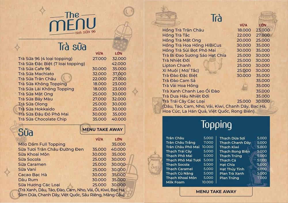 Menu Take Away của trà sữa 96