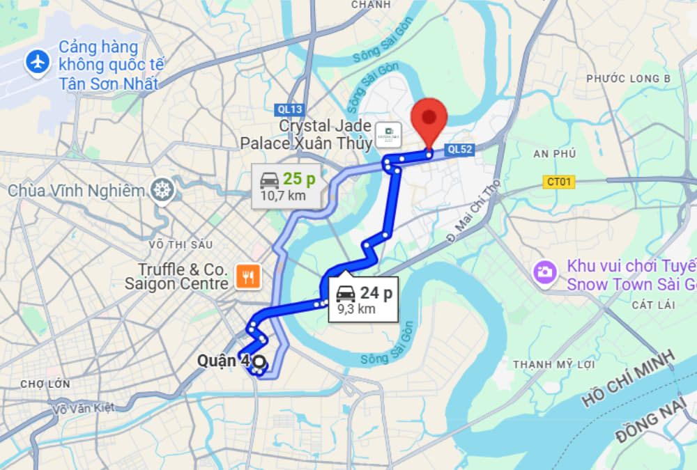 Lộ trình nhanh nhất từ Quận 4 đến nhà hàng Phổ Đình (Ảnh: Google Maps)