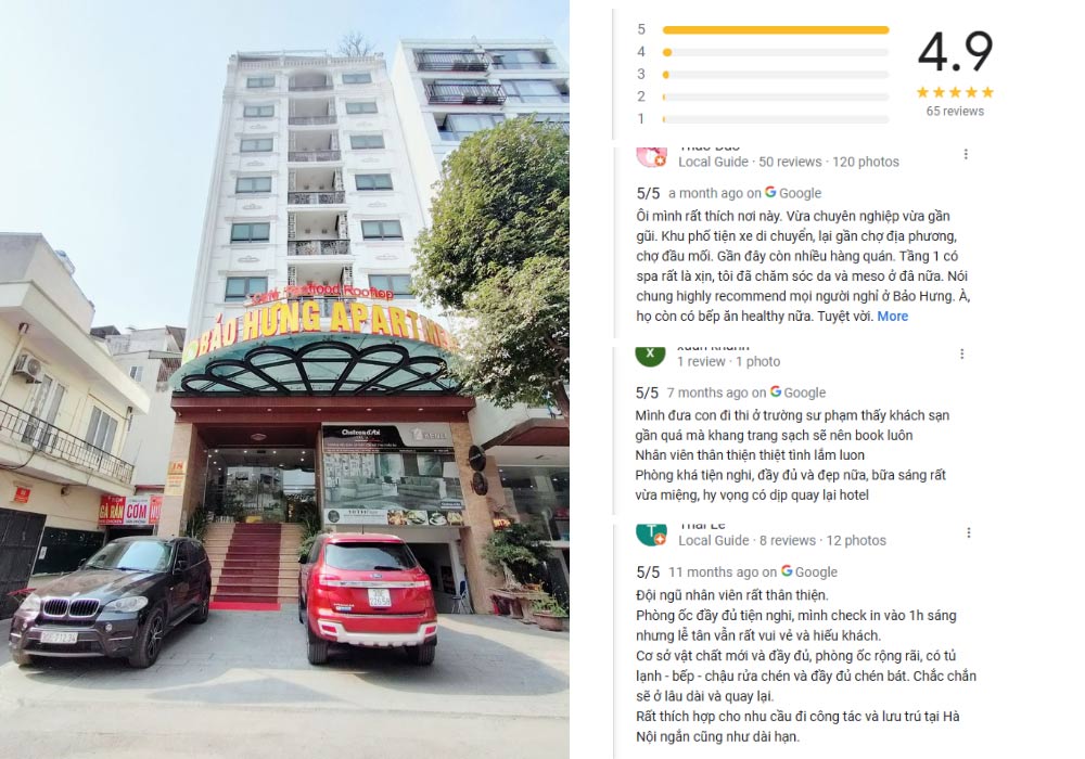 Dịch vụ tại Bảo Hưng Apartments được đánh giá cao trên Google 